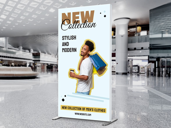 Standing SEG fabric banner reading new collection with a person with shopping bags displayed