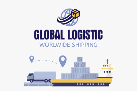 Logistics Truck With Cargo Ship and Containers Sign Template